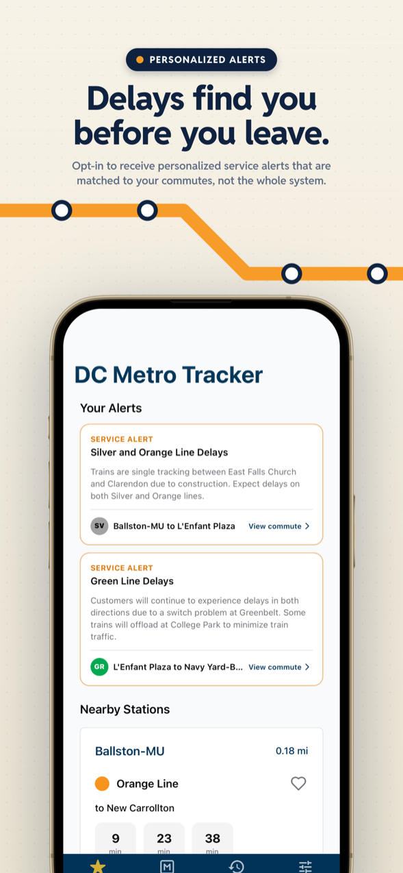 Personalized service alerts matched to your commutes, not the whole system