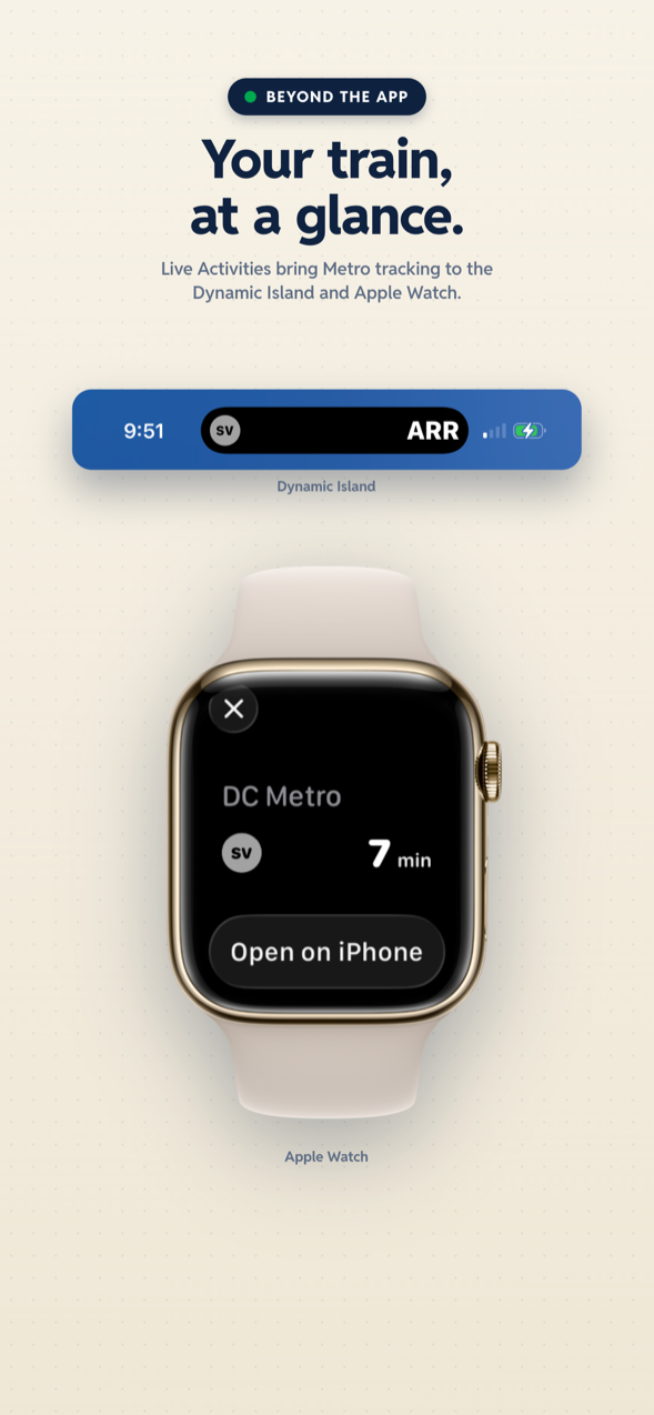 Your train at a glance on the Dynamic Island and Apple Watch